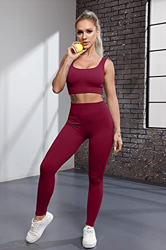 QINSEN Active Wear Outfits for Women 2 Piece Set Athletic Seamless Leggings and Ribbed Sport Bra Sets Wine M