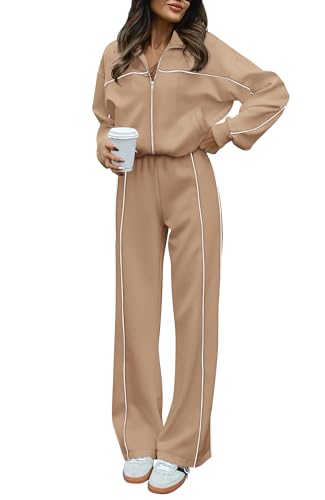 BTFBM Women's Two Piece Tracksuit Fall 2024 Long Sleeve Zip Up Sweatshirt Long Pants Outfits Jogger Sweatsuit Sets(Solid Khaki,Large)