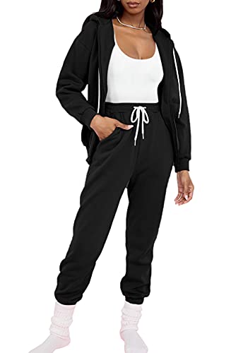 Fixmatti Women 2 Piece Outfits Active Sweatsuit Zip-Up Hoodie Jacket Sweatpants Jogger Set Tracksuit Black S