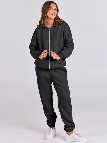 ANRABESS Womens 2 Piece Outfits Sweatsuits Oversized Zip Up Sweatshirt Jogger Sweatpants Tracksuit Sweat Lounge Matching Set Black Medium