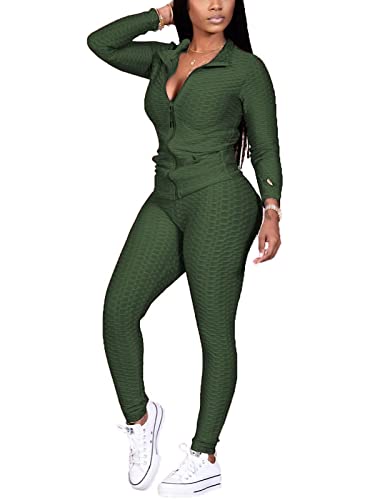 KANSOON Active Wear Outfits for Women 2 Piece Tracksuit Long Sleeve Zipper Jacket and Leggings Workout Set Army Green L