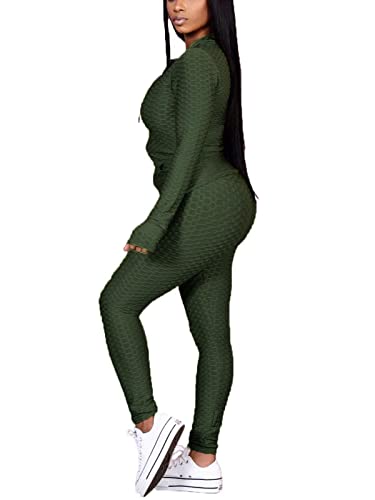 KANSOON Active Wear Outfits for Women 2 Piece Tracksuit Long Sleeve Zipper Jacket and Leggings Workout Set Army Green L