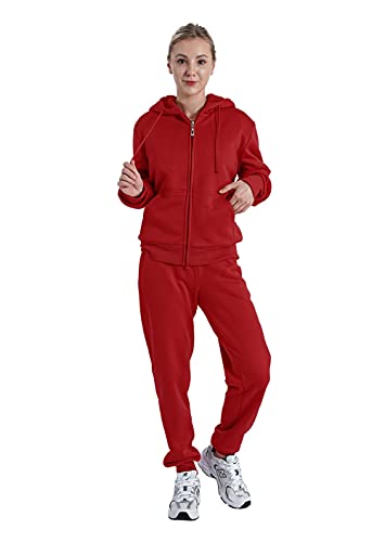 Facitisu Women Tracksuit 2 Piece Outfit Fleece Jogging Suit Set Active Sherpa Lined Sweatsuit Jogger Pants with Zip Up Hoodie Wine S