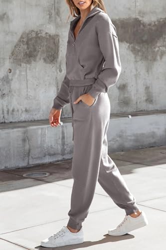 PRETTYGARDEN Women's 2 Piece Sweater Set Pullover Zip Up Sweatshirt Jogger Sweatpants Tracksuit Casual Outfit (Light Grey,Large)