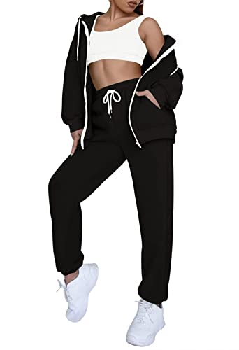 Fixmatti Women 2 Piece Outfits Active Sweatsuit Zip-Up Hoodie Jacket Sweatpants Jogger Set Tracksuit Black S