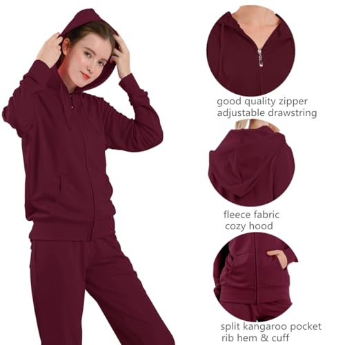 LeeHanTon Womens Tracksuit Set Fashion Lightweight Fleece Zip Up Hoodies and Pants Activewear Sets 2 Pieces Outfit Burgundy X-Large