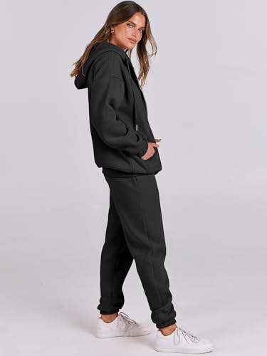 ANRABESS Womens 2 Piece Outfits Sweatsuits Oversized Zip Up Sweatshirt Jogger Sweatpants Tracksuit Sweat Lounge Matching Set Black Medium