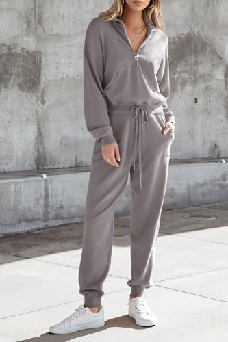 PRETTYGARDEN Women's 2 Piece Sweater Set Pullover Zip Up Sweatshirt Jogger Sweatpants Tracksuit Casual Outfit (Light Grey,Large)