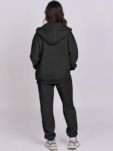ANRABESS Womens 2 Piece Outfits Sweatsuits Oversized Zip Up Sweatshirt Jogger Sweatpants Tracksuit Sweat Lounge Matching Set Black Medium