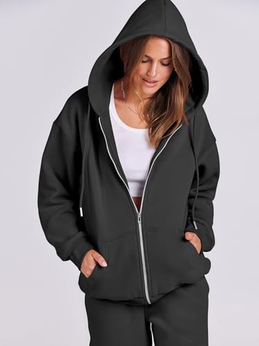 ANRABESS Womens 2 Piece Outfits Sweatsuits Oversized Zip Up Sweatshirt Jogger Sweatpants Tracksuit Sweat Lounge Matching Set Black Medium