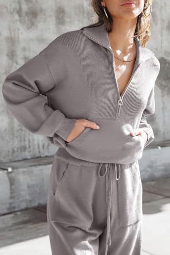 PRETTYGARDEN Women's 2 Piece Sweater Set Pullover Zip Up Sweatshirt Jogger Sweatpants Tracksuit Casual Outfit (Light Grey,Large)