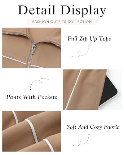 BTFBM Women's Two Piece Tracksuit Fall 2024 Long Sleeve Zip Up Sweatshirt Long Pants Outfits Jogger Sweatsuit Sets(Solid Khaki,Large)