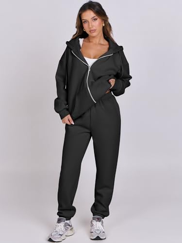 ANRABESS Womens 2 Piece Outfits Sweatsuits Oversized Zip Up Sweatshirt Jogger Sweatpants Tracksuit Sweat Lounge Matching Set Black Medium