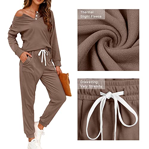 WIHOLL 2 Piece Women Jogger Outfits Sets, Sweatsuit for Women Set Khaki L