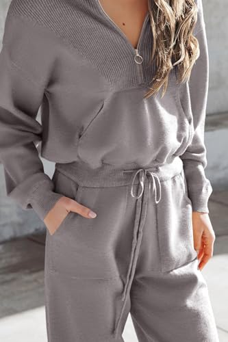 PRETTYGARDEN Women's 2 Piece Sweater Set Pullover Zip Up Sweatshirt Jogger Sweatpants Tracksuit Casual Outfit (Light Grey,Large)