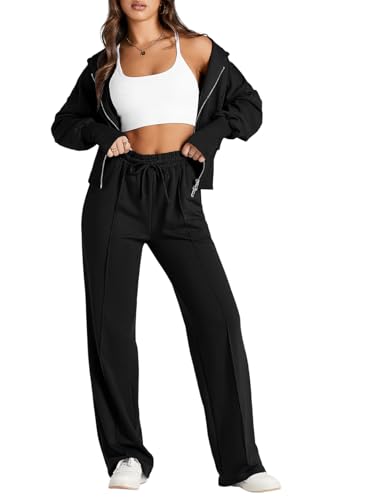Herseas Womens Sweatsuits Set Tracksuit 2 Piece Casual Outfits Set Zip Up Cropped Hoodies and Wide Leg Sweatpants Activewear Jogging Suits Black X-Large 16 18