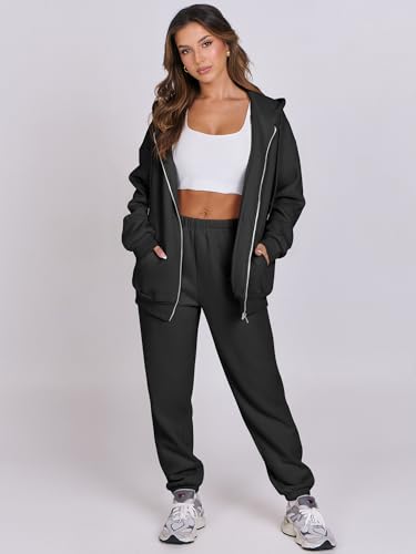 ANRABESS Womens 2 Piece Outfits Sweatsuits Oversized Zip Up Sweatshirt Jogger Sweatpants Tracksuit Sweat Lounge Matching Set Black Medium
