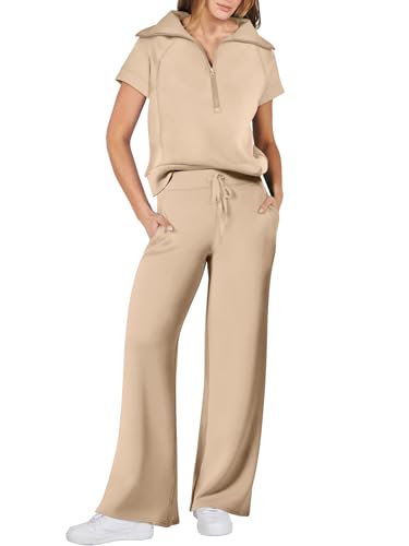 ANRABESS Women 2 Piece Outfits Sweatsuit Summer Half Zip Sweatshirt Wide Leg Pant Sweat Lounge Set Athletic Tracksuits Khaki Medium