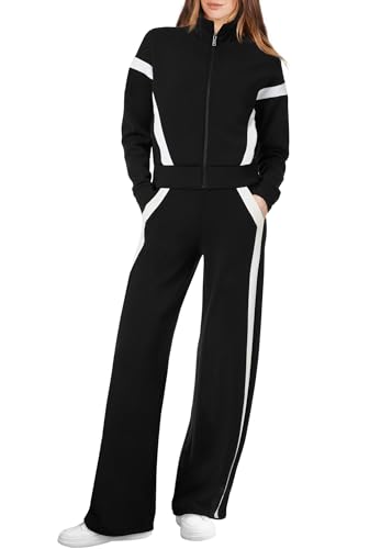 XIEERDUO Lounge Sets for Women 2024 Zip Up Sweatshirt Sweatpants Two Piece Sweatsuits Winter Outfits Tracksuit Black M