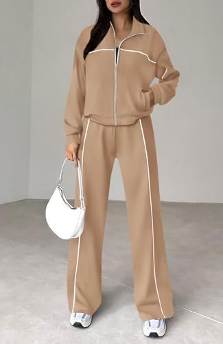 BTFBM Women's Two Piece Tracksuit Fall 2024 Long Sleeve Zip Up Sweatshirt Long Pants Outfits Jogger Sweatsuit Sets(Solid Khaki,Large)