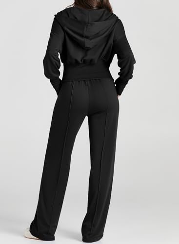 Herseas Womens Sweatsuits Set Tracksuit 2 Piece Casual Outfits Set Zip Up Cropped Hoodies and Wide Leg Sweatpants Activewear Jogging Suits Black X-Large 16 18