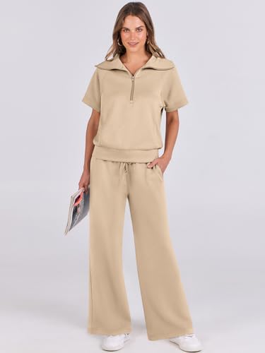 ANRABESS Women 2 Piece Outfits Sweatsuit Summer Half Zip Sweatshirt Wide Leg Pant Sweat Lounge Set Athletic Tracksuits Khaki Medium