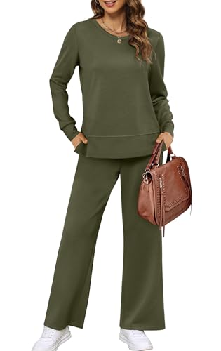 XIEERDUO Women Two Piece Sets Casual Fall Long Sleeve Tracksuit Workout Outfits Travel Airport Loungewear Women's 2 Piece Sweat Sets Green XL