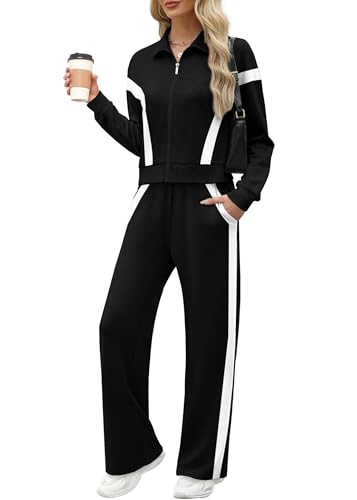 XIEERDUO Lounge Sets for Women 2024 Zip Up Sweatshirt Sweatpants Two Piece Sweatsuits Winter Outfits Tracksuit Black M