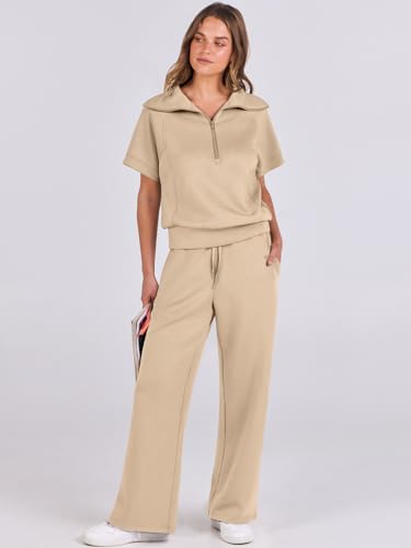 ANRABESS Women 2 Piece Outfits Sweatsuit Summer Half Zip Sweatshirt Wide Leg Pant Sweat Lounge Set Athletic Tracksuits Khaki Medium
