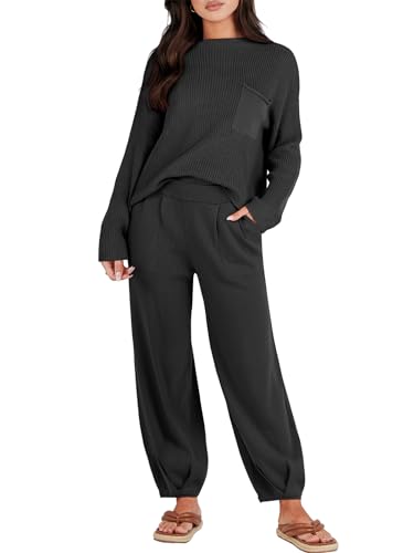 Prinbara Two 2 Piece Outfits Womens Fall Fashion Matching Sets Lounge Suits Outfits Cozy Knit Sweater Clothes Black Medium