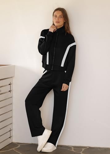 XIEERDUO Lounge Sets for Women 2024 Zip Up Sweatshirt Sweatpants Two Piece Sweatsuits Winter Outfits Tracksuit Black M