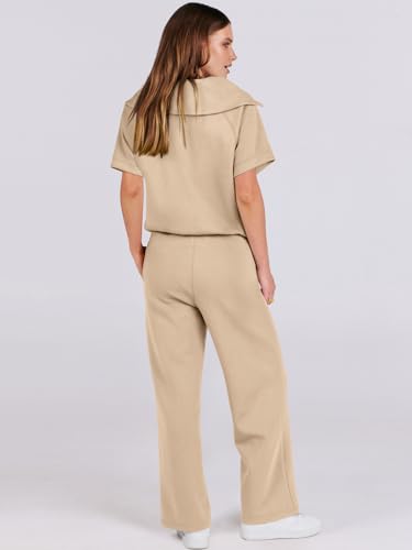 ANRABESS Women 2 Piece Outfits Sweatsuit Summer Half Zip Sweatshirt Wide Leg Pant Sweat Lounge Set Athletic Tracksuits Khaki Medium