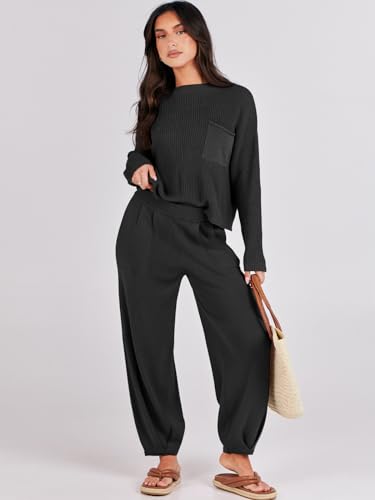 Prinbara Two 2 Piece Outfits Womens Fall Fashion Matching Sets Lounge Suits Outfits Cozy Knit Sweater Clothes Black Medium