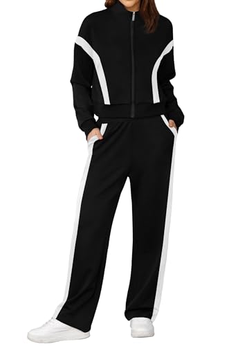 XIEERDUO Lounge Sets for Women 2024 Zip Up Sweatshirt Sweatpants Two Piece Sweatsuits Winter Outfits Tracksuit Black M