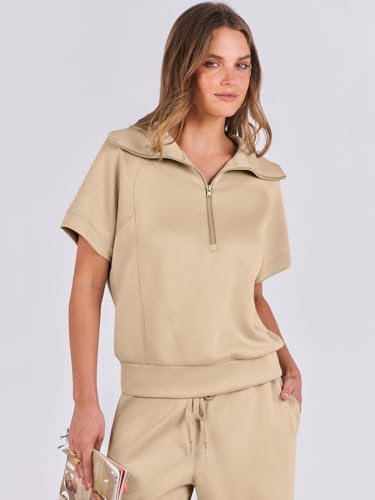 ANRABESS Women 2 Piece Outfits Sweatsuit Summer Half Zip Sweatshirt Wide Leg Pant Sweat Lounge Set Athletic Tracksuits Khaki Medium