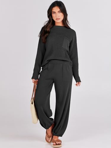 Prinbara Two 2 Piece Outfits Womens Fall Fashion Matching Sets Lounge Suits Outfits Cozy Knit Sweater Clothes Black Medium