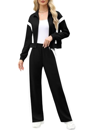 XIEERDUO Lounge Sets for Women 2024 Zip Up Sweatshirt Sweatpants Two Piece Sweatsuits Winter Outfits Tracksuit Black M
