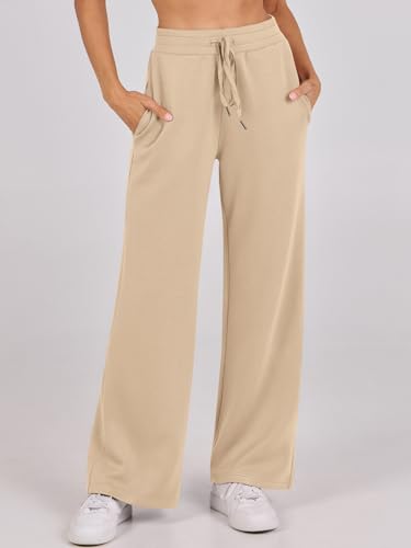 ANRABESS Women 2 Piece Outfits Sweatsuit Summer Half Zip Sweatshirt Wide Leg Pant Sweat Lounge Set Athletic Tracksuits Khaki Medium