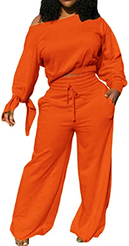 sexycherry Casual Two Piece Pants Sets Sweatsuits for Women Off One Shoulder Long Sleeve Orange Tracksuits Long Wide Leg Pants Loose with Pockets