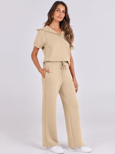 ANRABESS Women 2 Piece Outfits Sweatsuit Summer Half Zip Sweatshirt Wide Leg Pant Sweat Lounge Set Athletic Tracksuits Khaki Medium