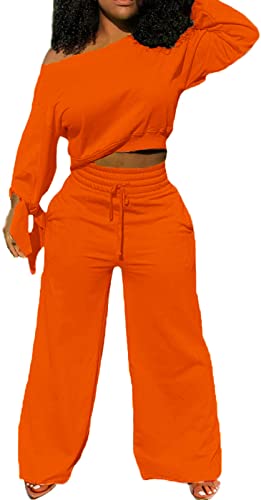 sexycherry Casual Two Piece Pants Sets Sweatsuits for Women Off One Shoulder Long Sleeve Orange Tracksuits Long Wide Leg Pants Loose with Pockets