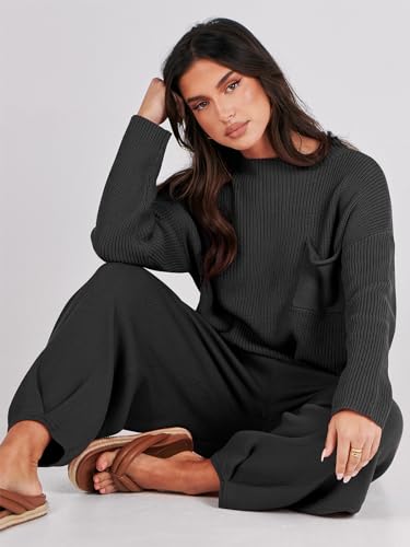 Prinbara Two 2 Piece Outfits Womens Fall Fashion Matching Sets Lounge Suits Outfits Cozy Knit Sweater Clothes Black Medium