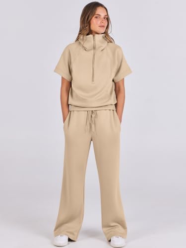 ANRABESS Women 2 Piece Outfits Sweatsuit Summer Half Zip Sweatshirt Wide Leg Pant Sweat Lounge Set Athletic Tracksuits Khaki Medium
