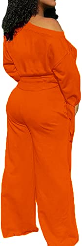 sexycherry Casual Two Piece Pants Sets Sweatsuits for Women Off One Shoulder Long Sleeve Orange Tracksuits Long Wide Leg Pants Loose with Pockets