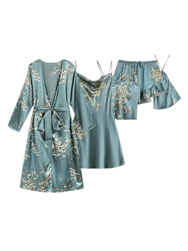 GORGLITTER Women's 5 Piece Floral Print Satin Pajama Set Nightgown Robe Cami Shorts Sleepwear with Storage Bag Green Large