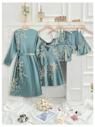 GORGLITTER Women's 5 Piece Floral Print Satin Pajama Set Nightgown Robe Cami Shorts Sleepwear with Storage Bag Green Large