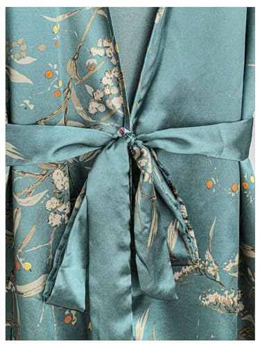 GORGLITTER Women's 5 Piece Floral Print Satin Pajama Set Nightgown Robe Cami Shorts Sleepwear with Storage Bag Green Large