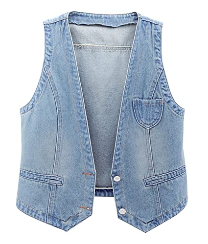 Cyparel Women's Retro Denim Vest Casual Button Up Jean Waistcoat Vest Sleeveless Jacket Tops with Pockets