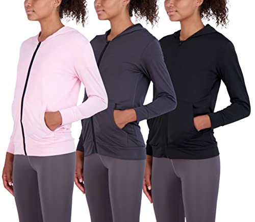 3 Pack: Womens Dry Fit Long Sleeve Full Zip Up Hoodie Jacket Ladies Athletic Running Track Workout Sports Yoga Pockets UPF Sun Shirt Rain Warm Sweat Up Winter Rain Lightweight Outerwear- Set 8, XL