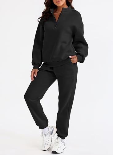 Aleumdr Womens 2 Piece Sweatsuit Sets 2024 Fall Trendy Half Zip Pullover Long Sleeve Sweatshirt Jogger Pants Outfits with Pockets Black Small